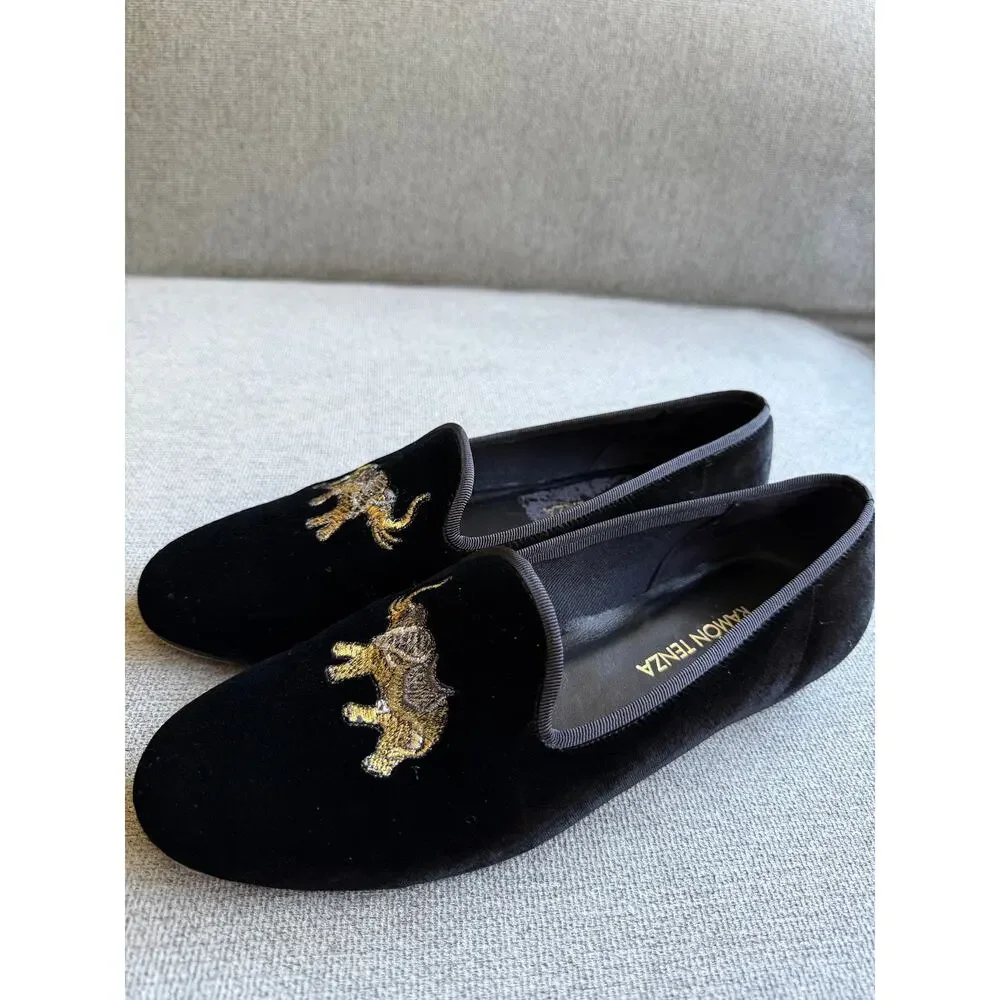 Ramon Tenza Taylor Velvet Loafer Black Elephant Embroidered Women's 8